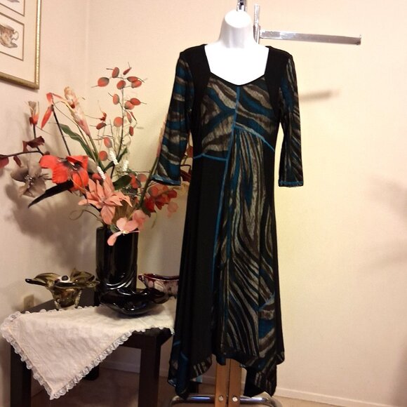 NWT Simon Chang Women’s Classy Stretchy Black Teal Maxi Dress ¾ Sleeve Size 8 - Picture 2 of 8